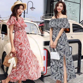 Váy maxi trễ vai hoạ tiết lá