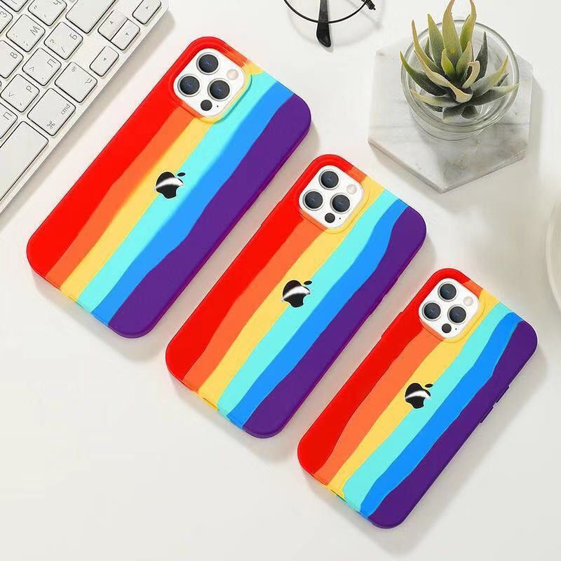 Cầu vồng Chất lỏng Silicone Thời trang Cá tính Sáng tạo Da Cảm thấy Sọc Logo cho iPhone 12 Pro Max / 12 Pro / 12/12 Mini / 11 Pro Max / 11 Pro / 11 / X / XS