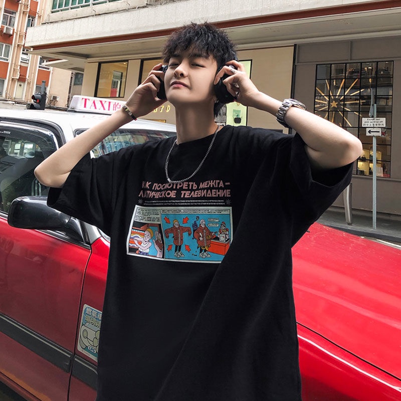 【W@R】Summer Korean student handsome 5-sleeve social loose short sleeve original suzerain black t-shirt men's fashion half sleeve