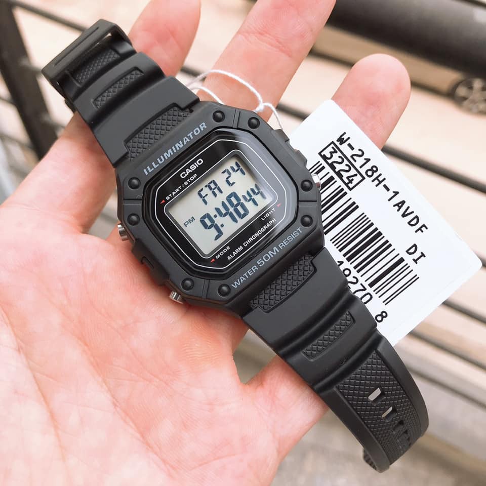 Đồng hồ Unisex Casio W-218H-1AV, đồng hồ chính hãng, silicon full đen