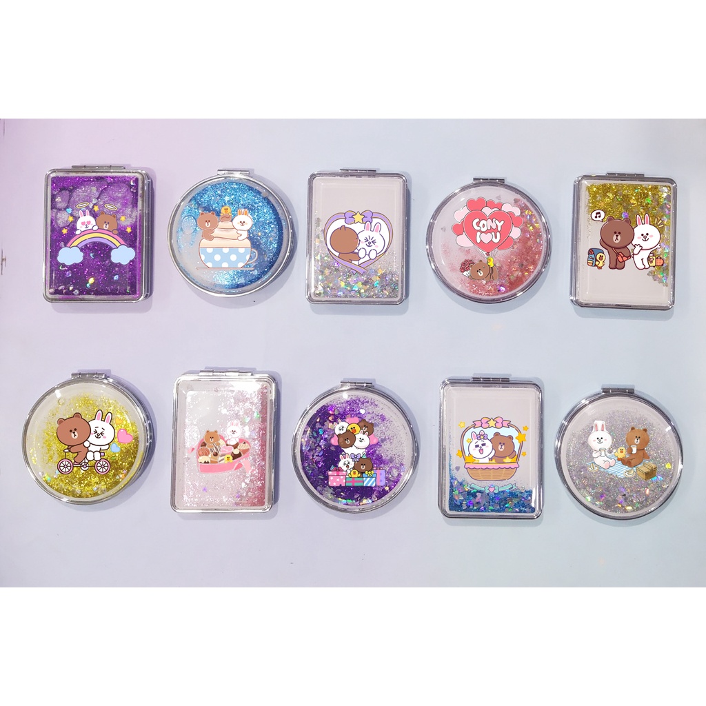 Gương nước chảy kim tuyến gấu brown thỏ cony vịt sally in hình GNI1 gương 2 mặt