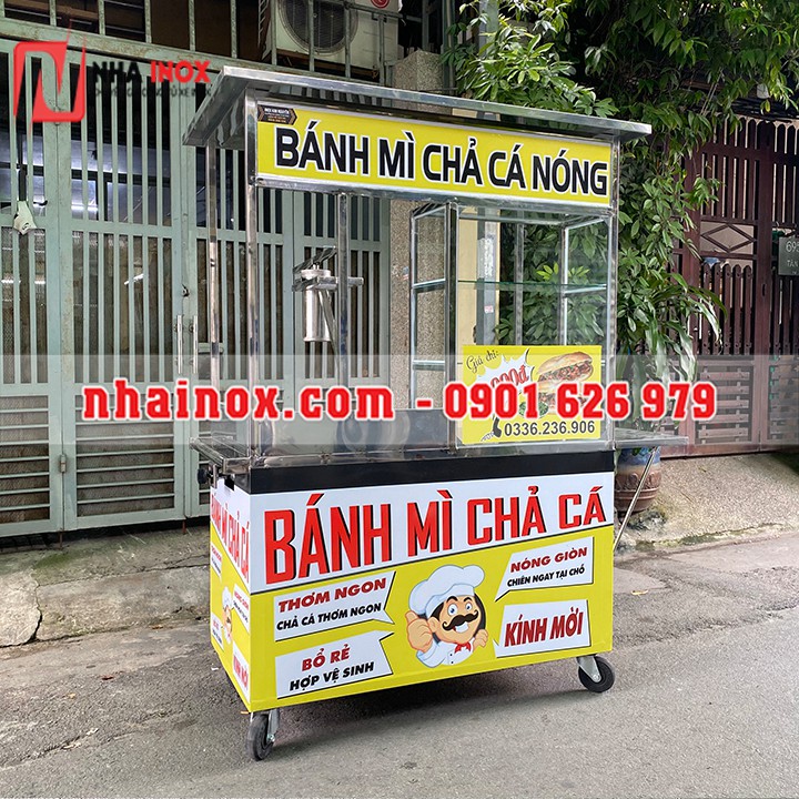 Xe bánh mì chả cá inox mái bằng 1m2x60x1m86