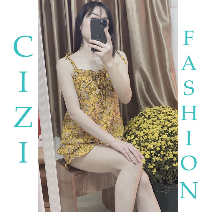 Bộ mặc nhà 2 dây xếp ly ngực hoa nhí lanh lụa CiZi