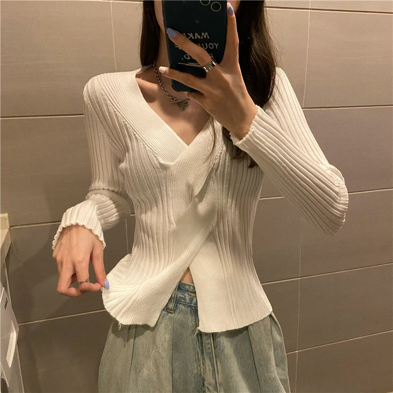 Áo Giữ Nhiệt Nữ New Knitted Top Women's White Sweater Slim Long Sleeve