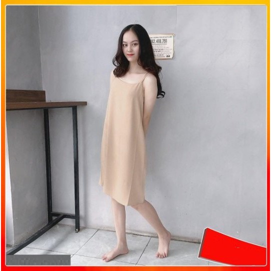Váy 2 dây, đầm xuông - chất đũi lụa trơn basic nữ