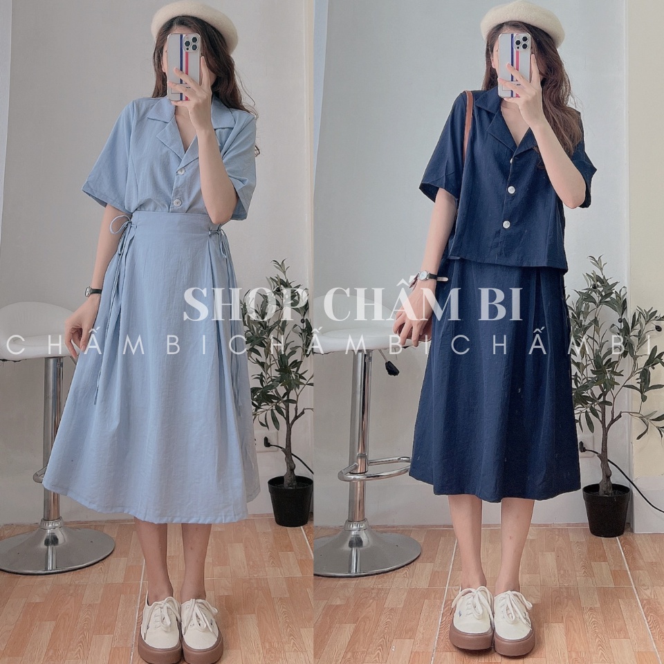 ❖Set bộ nữ Hàn Quốc S.075, áo sơ mi cổ vest cùng chân váy chữ A dáng dài thắt nơ hông ngọt ngào
