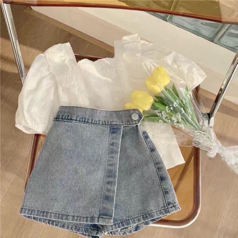 Set Áo sơmi kiểu kèm quần jean giả váy