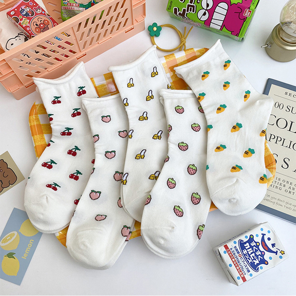 [sweet] woman Cartoon cute Summer Fruit cherry cotton breathable Loose Socks Girl white Socks