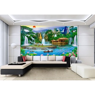 Tranh dán tường 3D sơn thủy hữu tình - Vải lụa phủ kim sa