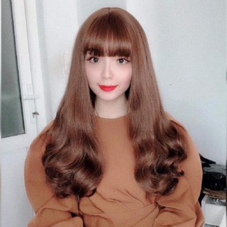 [ tặng kèm lưới và lược ] tóc giả nữ nguyên đầu xoăn dài, tóc bộ cả đầu mái thưa hàn quốc d74