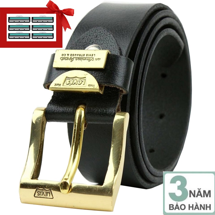 Bảo hành 3 năm -Thắt lưng nam da bò đầu khóa đồng nguyên khối tặng kèm 6 lưỡi dao cạo râu kép trị giá 60.000 đ