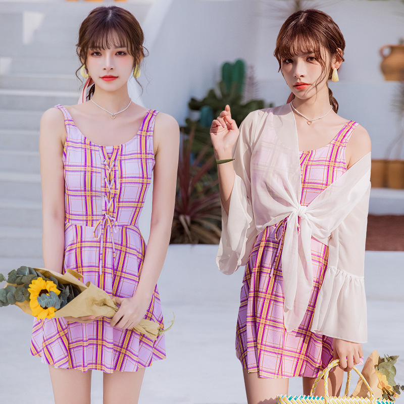 Fashion plaid blouse sunscreen small fresh girl swimsuit split skirt hot spring swimsuit casual beach swimwear | BigBuy360 - bigbuy360.vn