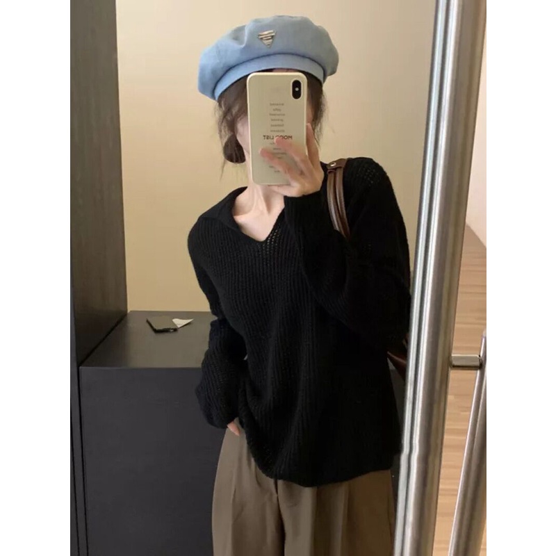 Áo len ZHELIHANGFEI dáng rộng tay dài cổ V phong cách retro