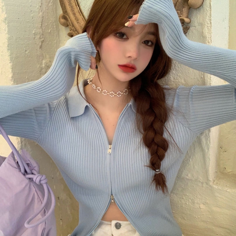 Áo cardigan dệt kim cổ bẻ tay dài màu sắc đơn giản phong cách Hàn Quốc thời trang thanh lịch cho nữ | WebRaoVat - webraovat.net.vn