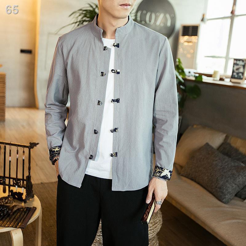 Áo sơ mi nam kiểu Trung Quốc phong cách cổ điển quần lót dài tay lanh cotton Linen button coatD