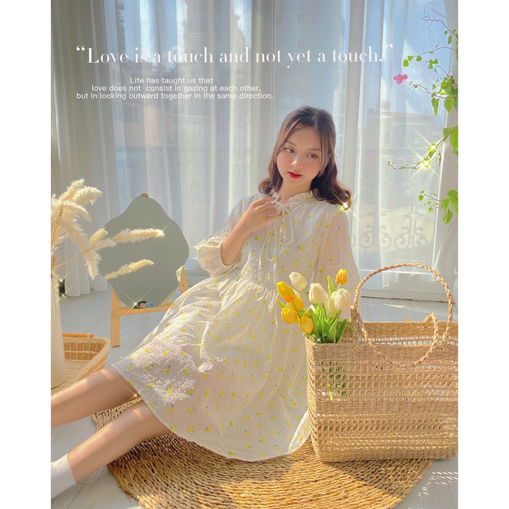 Váy suông hoạ tiết hoa nhí be nhạt nữ tính nhiều ulzzang - Made by Toneontone TOT
