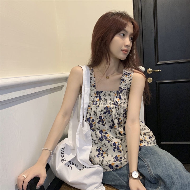 Áo Hai Dây Cổ Vuông Dáng Rộng In Họa Tiết Hoa Thời Trang Mùa Hè Xinh Xắn Cho Nữ