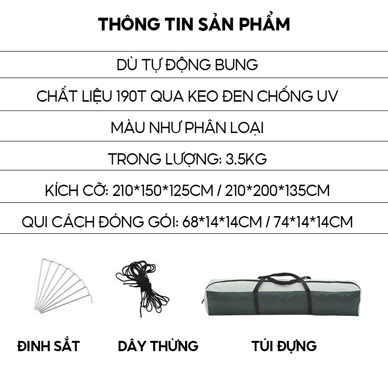 Lều cắm trại tự bung Kèm Miếng Lót Cho Đáy Lều Thích Hợp Dã Ngoại 2-3 Người LY-052