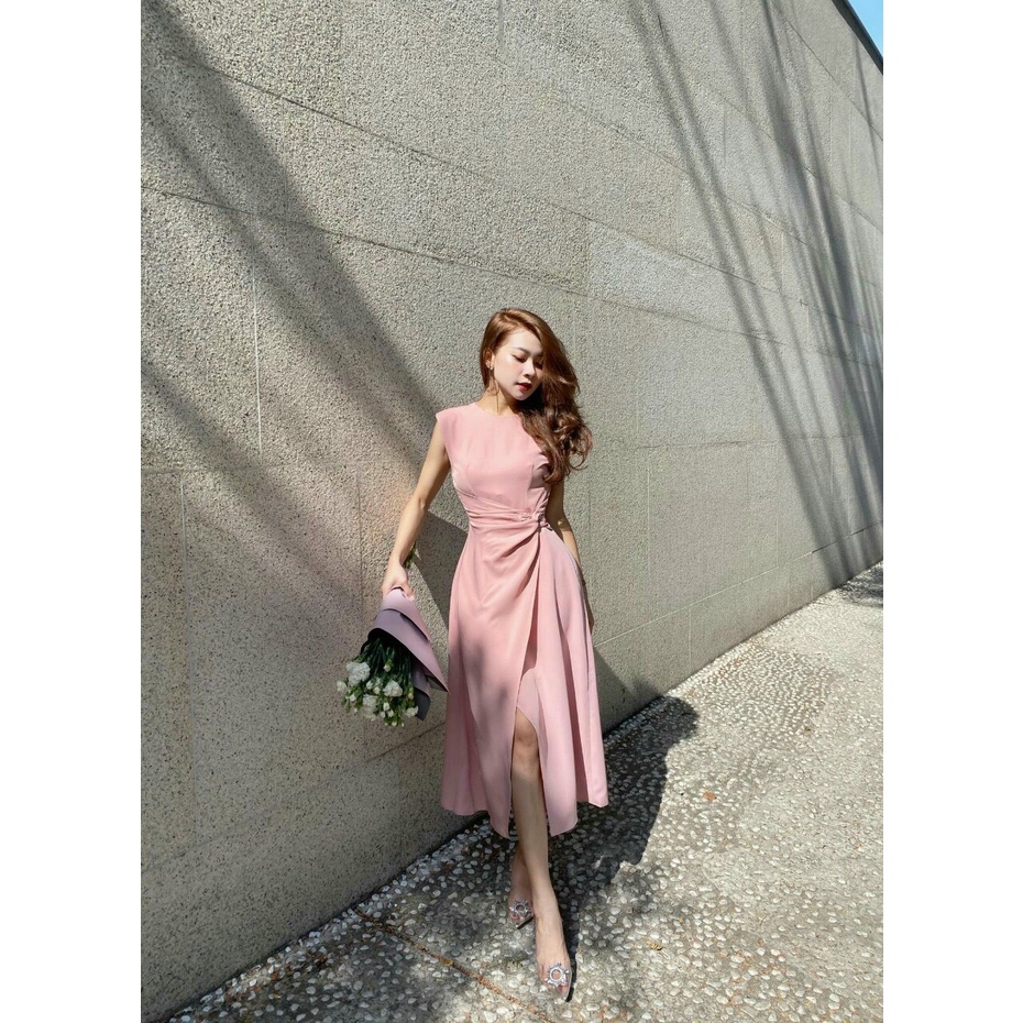 ĐẦM LỤA XẺ TÀ THẮT EO, VÁY HỒNG ĐEN MIDI – GD226