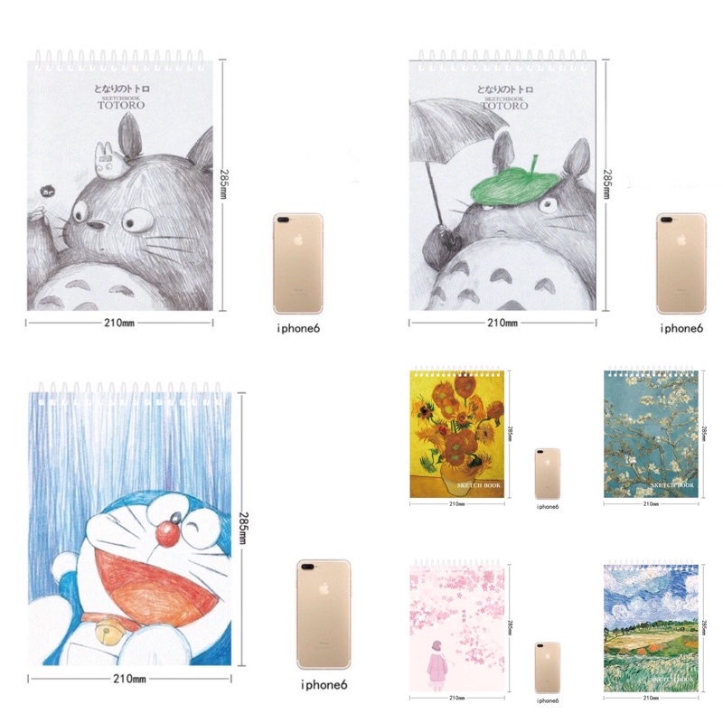 Sổ vẽ chì phác thảo Sketchbook Sổ giấy vẽ ký hoạ gáy lò xo A3 A4 Doraemon Totoro Cỏ Cây Hoa Lá