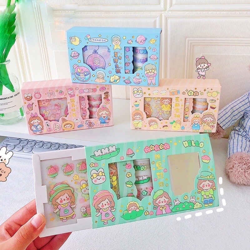 Hộp 9 sticker và 5 washi tape