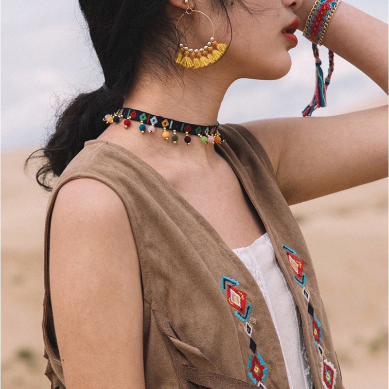 Vòng cổ choker thổ cẩm bohemian xinh xắn phong cách bohochic cô gái du lịch chỉ màu phụ kiện