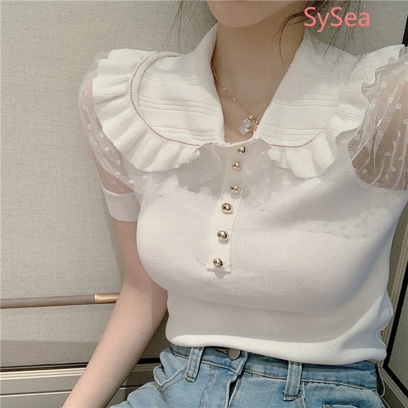 Áo Dệt Kim Cổ Búp Bê Phối Lưới Thời Trang Mùa Hè Cho Nữ