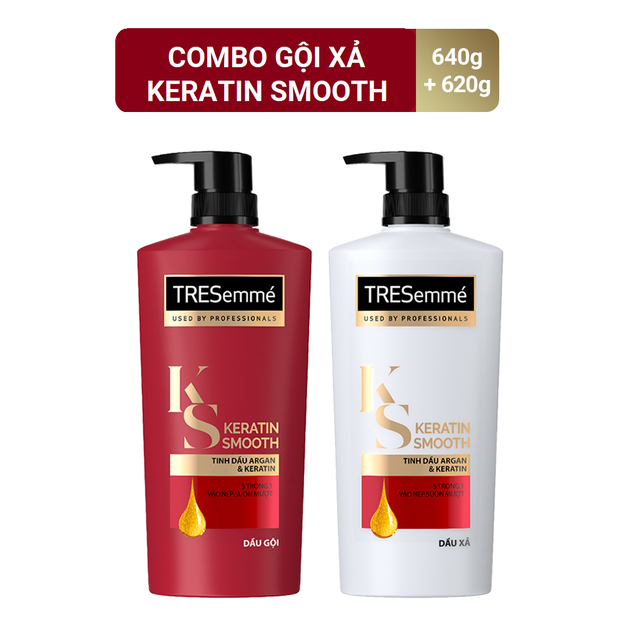 Combo gội 640g + xả 620g TRESemmé Keratin Smooth Tinh dầu Argan và Keratin vào nếp suôn mượt