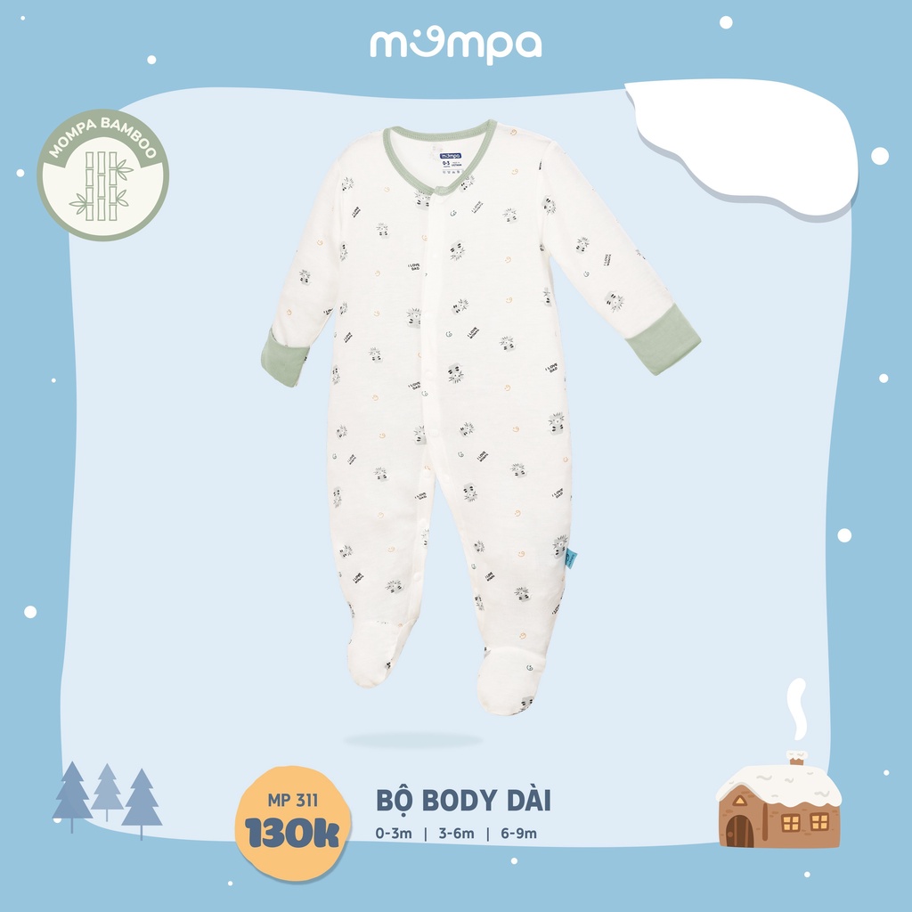 Bộ Bodysuit chùm chân liền thân Mompa 0-9 tháng vải sợi tre co giãn cúc giữa mềm mịn 311