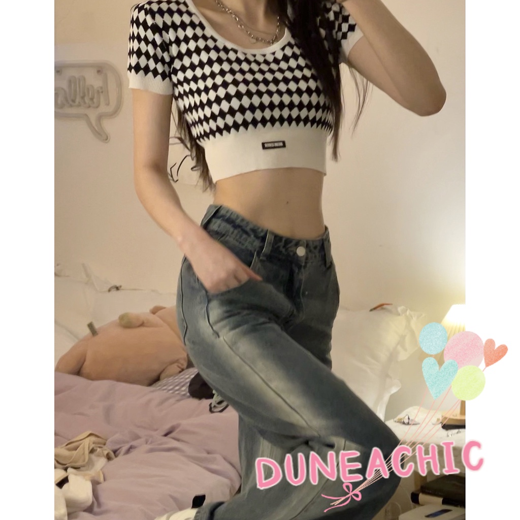 DUNEA Áo Len Tay Ngắn Họa Tiết Sọc Caro Thời Trang Cho Nữ