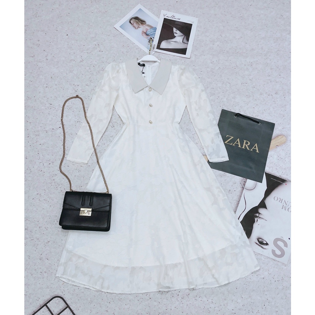 Váy trắng hoa nhí vintage cổ nơ body tay dài ulzzang chun eo , Đầm thiết kế dáng dài | BigBuy360 - bigbuy360.vn