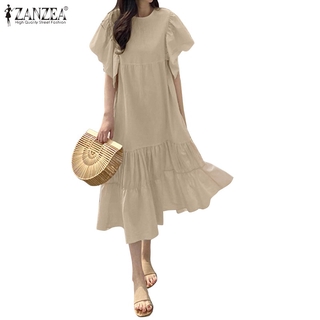 ZANZEA Đầm dài tay cổ tròn nhún bèo thời trang