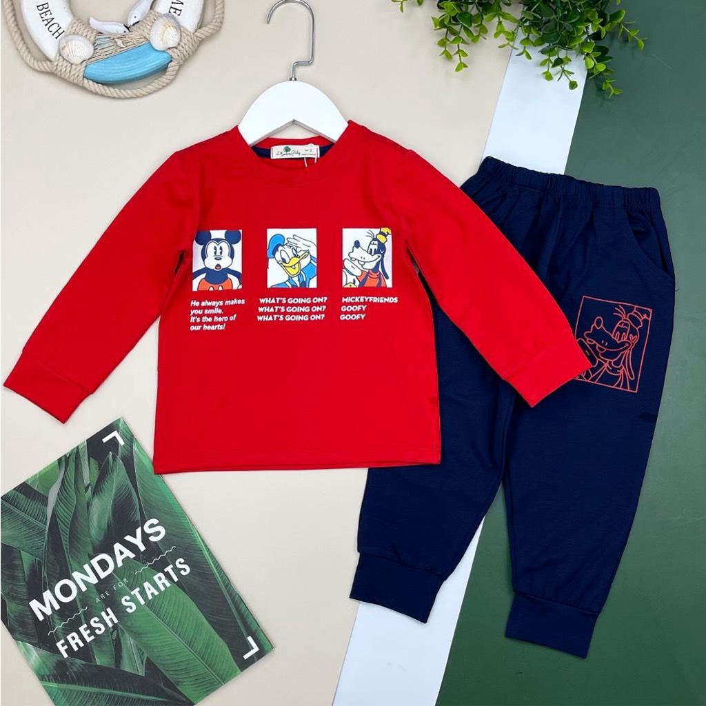 Bộ thu đông dài tay bé trai hình chuột mickey chất cottton mềm, dễ mặc, size 2-8 tuổi