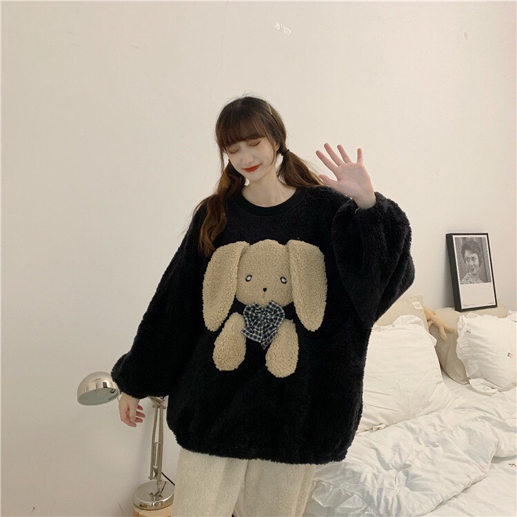 Set bộ đồ ngủ lông logo thỏ bông chất lông cừu có nơ cực xinh_Ranstore  🌿 | BigBuy360 - bigbuy360.vn