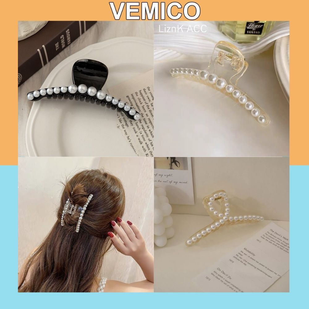 Kẹp tóc càng cua Vemico phong cách Hàn Quốc đính ngọc trai nhân tạo KT16