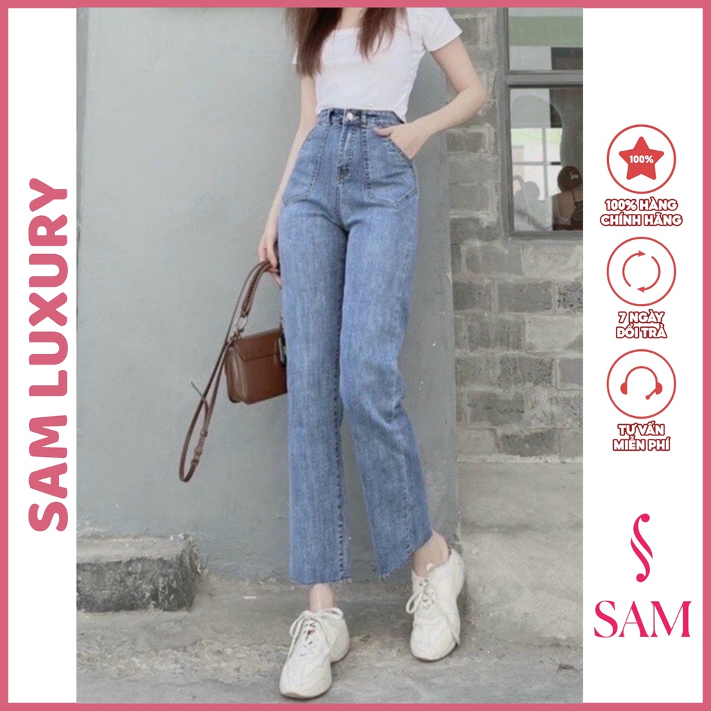 Quần jeans nữ ống đứng cạp cao túi trước có giãn kiểu dáng Hàn Quốc