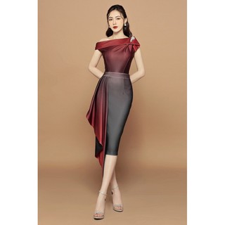 Đầm ombre nhún bèo lệch vai