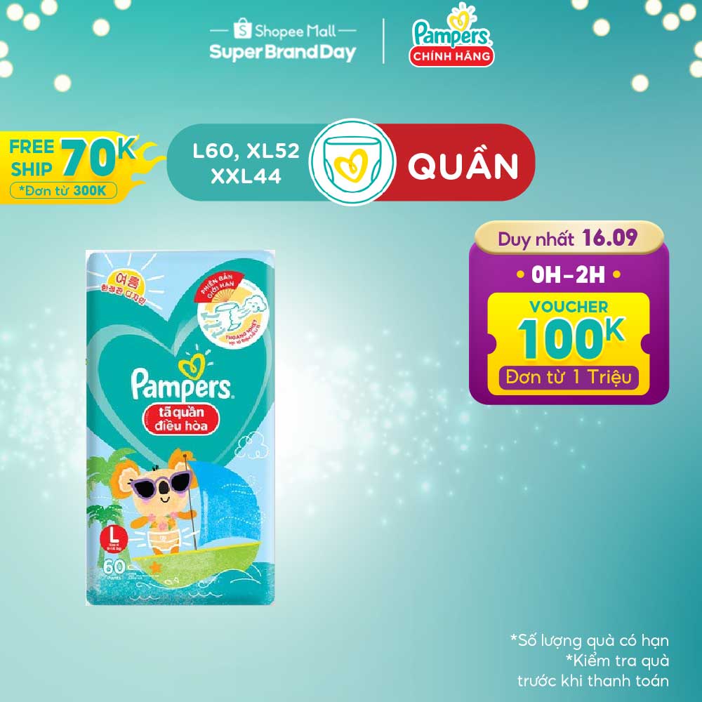 [Mã FMCGMALL - 8% đơn 250K] Tã Quần Pampers Điều Hoà Gói Lớn L60/XL52/XXL44