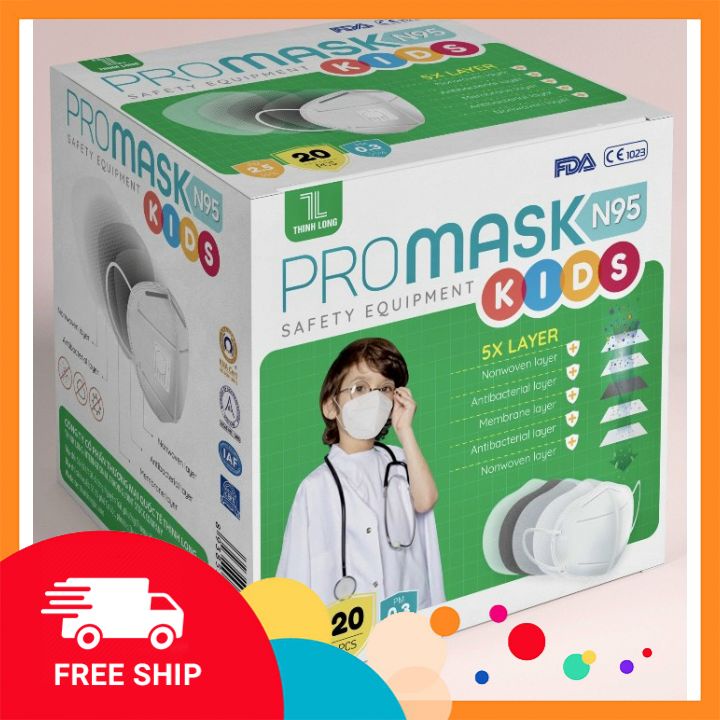 Khẩu trang TRẺ EM (từ 6-15 tuổi) N95/FFP2 Promask Thịnh Long không van, tiêu chuẩn Châu Âu, Hoa Kỳ , hộp 20 cái
