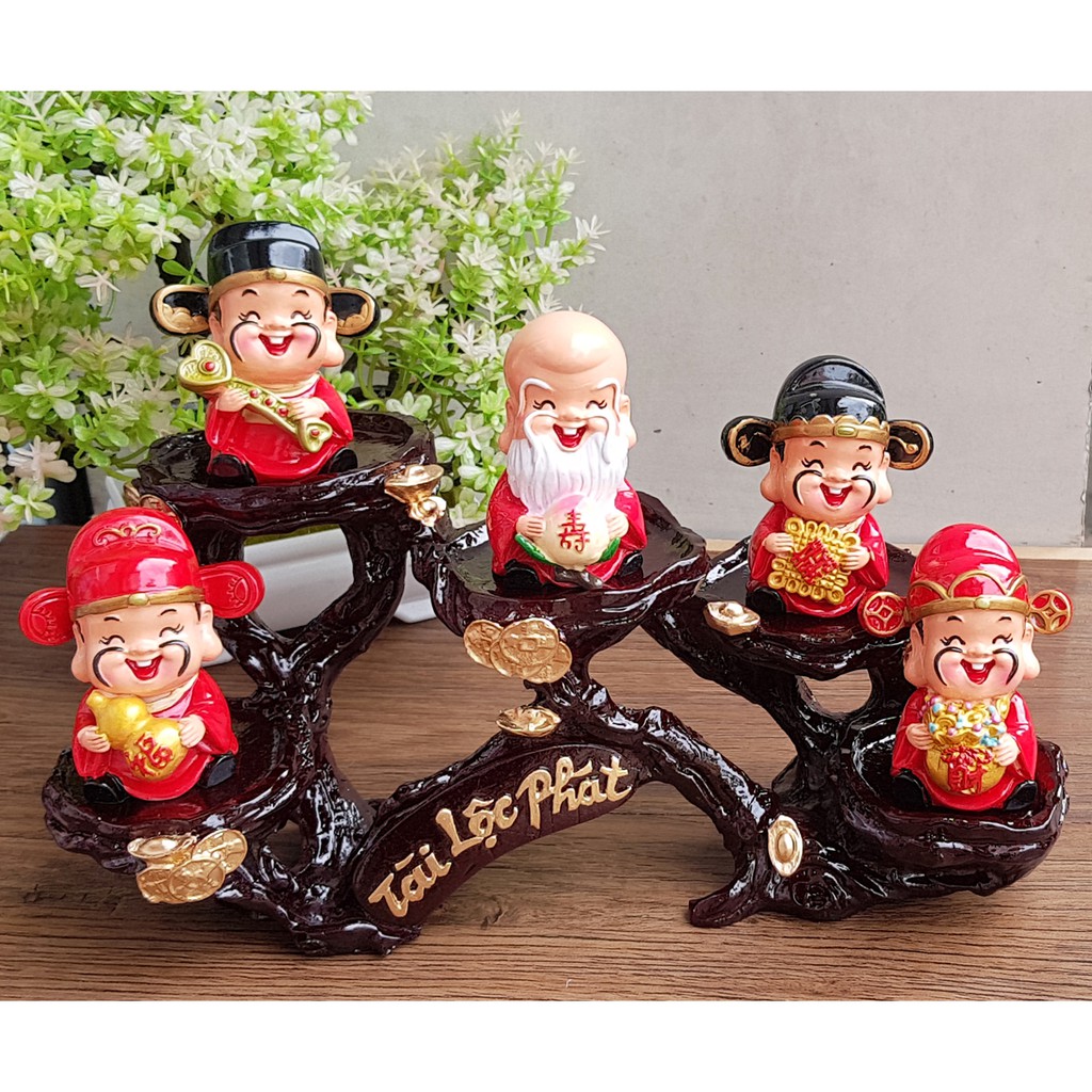 Bộ tượng Ngũ Phúc 7cm kèm chân đế ánh vàng Tài Lộc Phát
