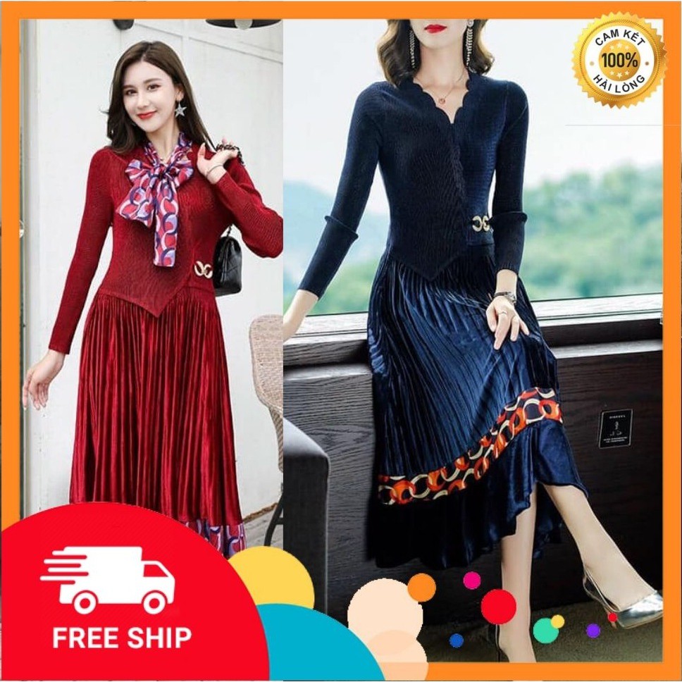 Đầm xòe dập ly phối nhung cao cấp