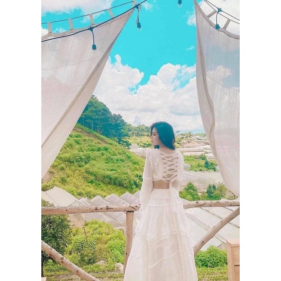 Đầm maxi đi biển trắng phối ren đan lưng