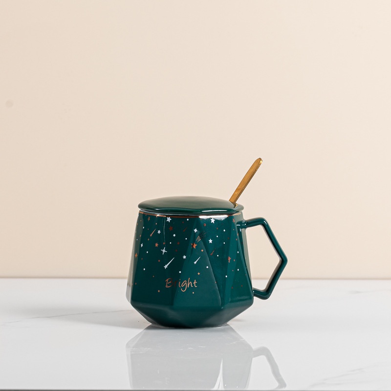 Ly cốc sứ uống trà cafe có nắp hình kim cương in chữ Bright