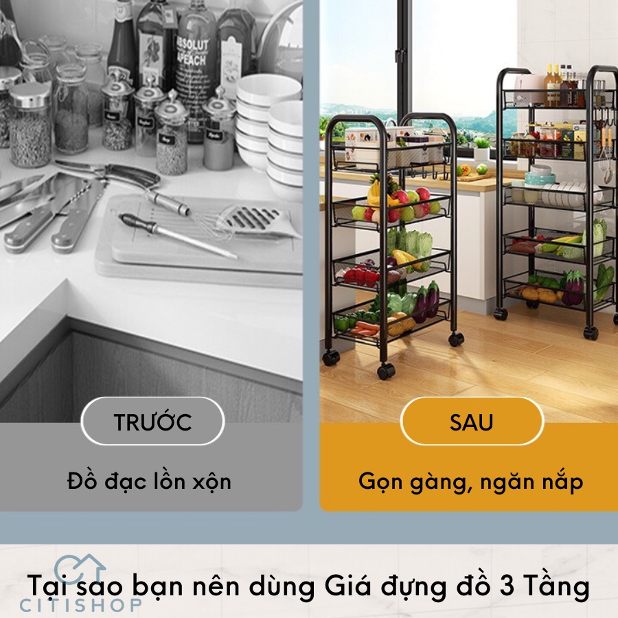 KỆ ĐỰNG ĐỒ, ĐỰNG GIA VỊ ĐA NĂNG 3 TẦNG CÓ BÁNH XE TIỆN DỤNG