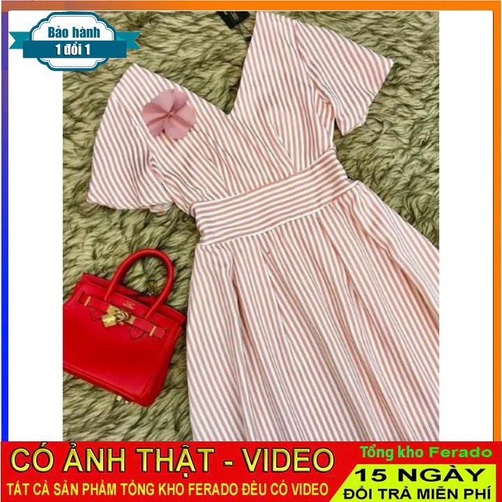 [ xả kho ] MiD Đầm Nữ Xòe Sọc Cổ V Cài Hoa Thanh Lịch Thời Trang V1090 Mie Design kèm ảnh thật