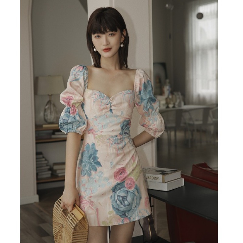 Đầm Nữ Tay Phồng Cổ Vuông Họa Tiết Sơn Dầu Thời Trang | BigBuy360 - bigbuy360.vn