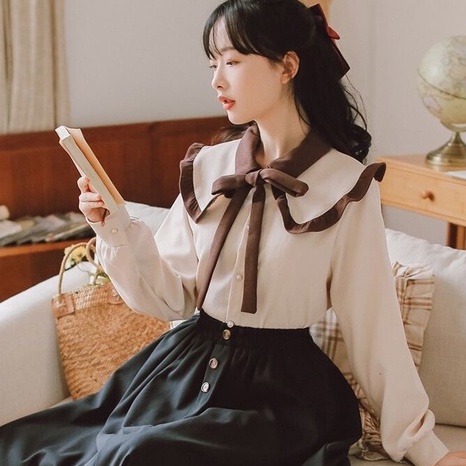 Áo Sơ Mi Tay Phồng Dài Tay Nơ Nâu+Bộ Hai Chiếc Váy Đen Có Lót