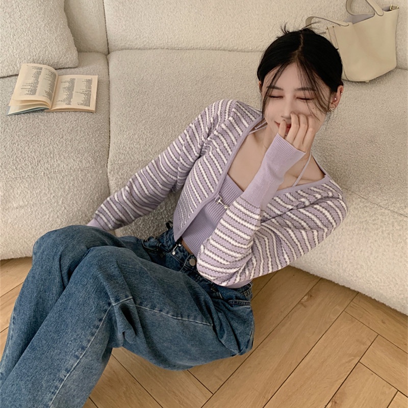 Set Áo Khoác Cardigan Họa Tiết Kẻ Sọc Và Áo Hai Dây Thời Trang Cho Nữ