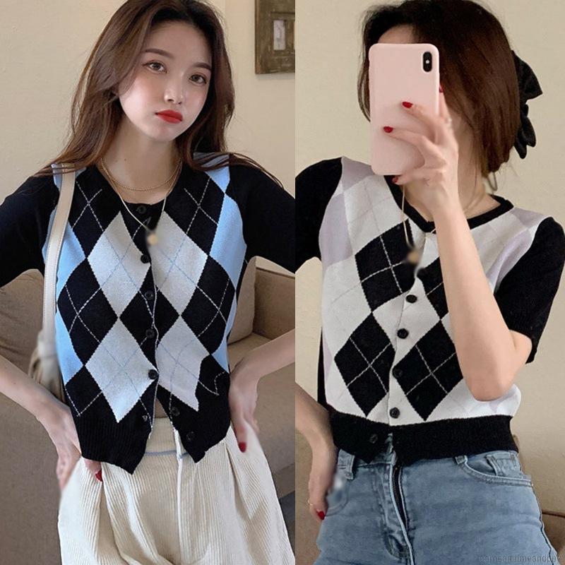 Áo Cardigan Tay Ngắn Họa Tiết Hình Thoi Màu Sắc Tương Phản Phong Cách Retro
