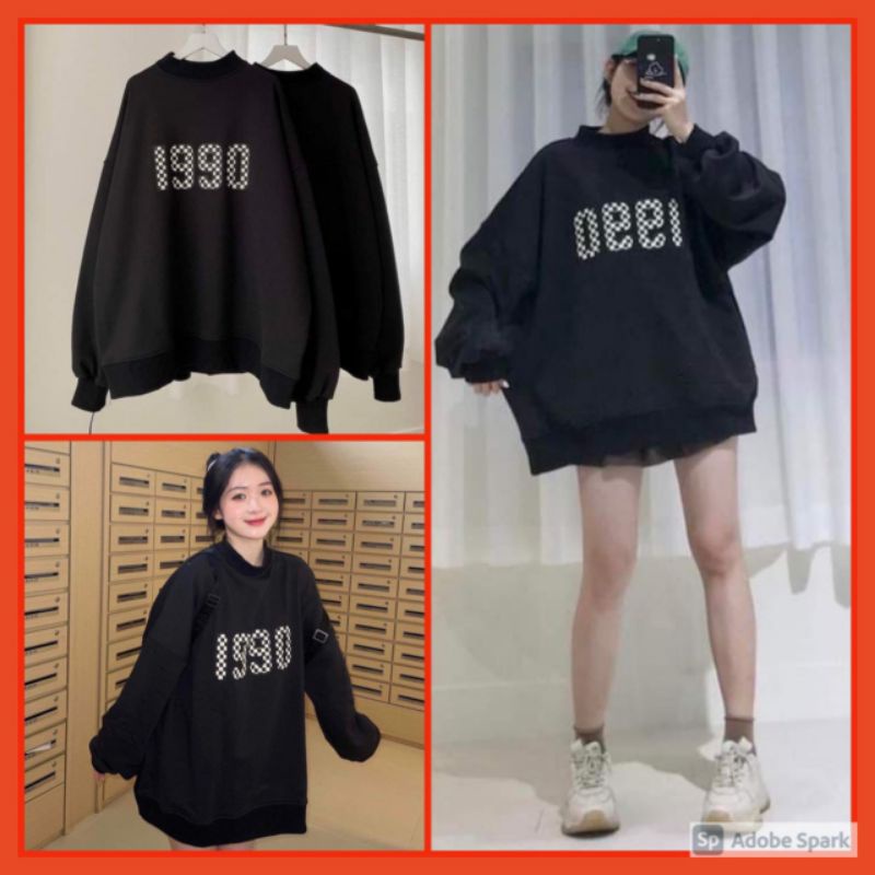 Áo Nỉ Đen Chữ 1990 Nữ [FREESHIP]Sweater  from rộng tay bồng in chữ,hoodie vintage kiểu